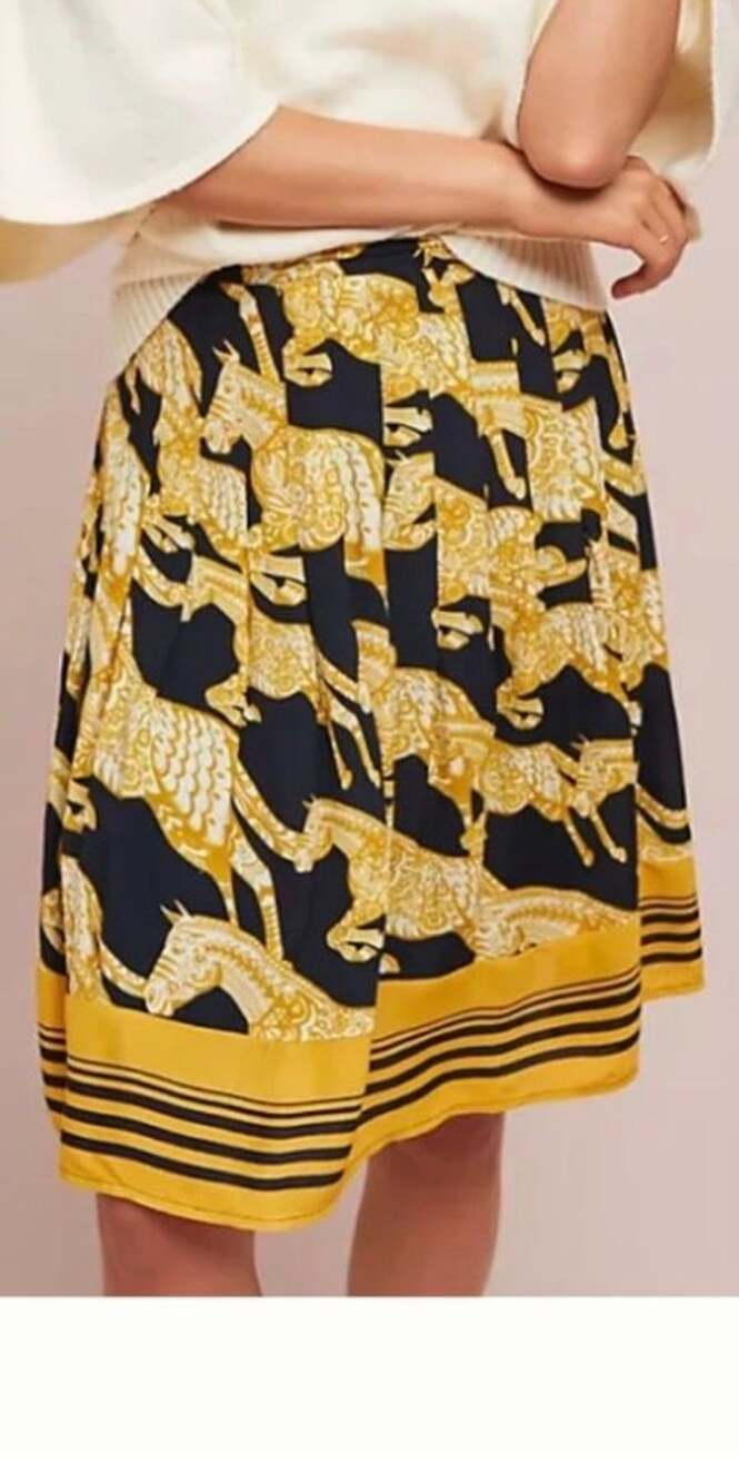 Maeve by Anthropologie Jade Golden Horses Blue Pleated Midi Skirt Sz 4